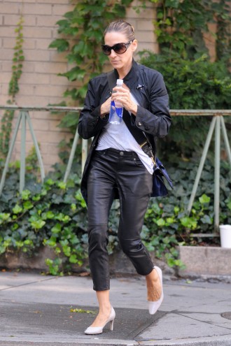 Sarah Jessica Parker is seen sporting black leather pants and white heels in New York
