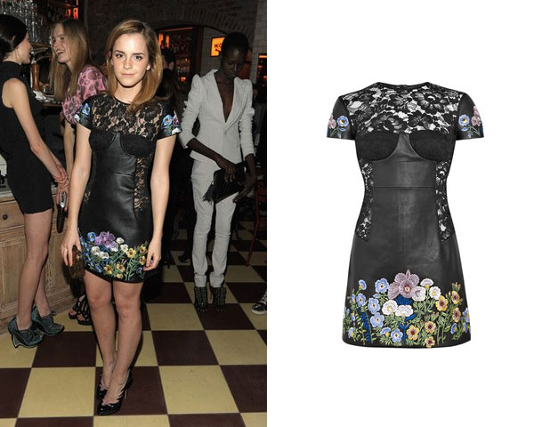 Emma Watson in leather and floral dress