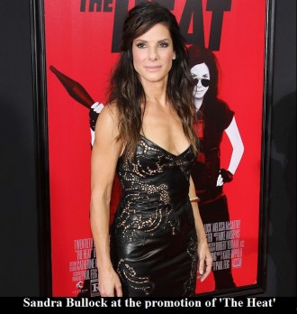 Sandra Bullock in leather dress at promotion of her new film the heat