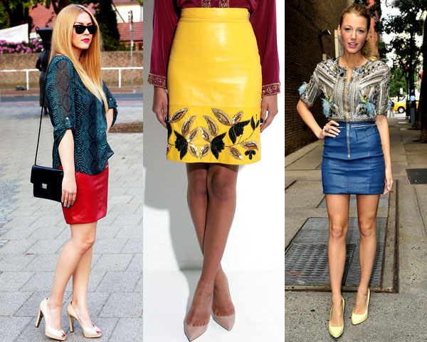 bold shades of leather skirts